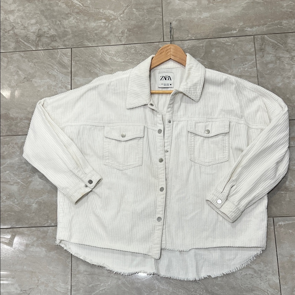 Zara Cream Corduroy Overshirt with Frayed Hem